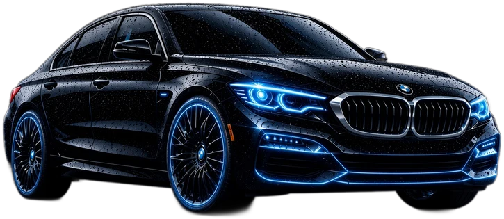 Freshly detailed black sedan with blue headlights